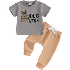 Gueuusu Toddler Baby Boy Summer Clothes Short Sleeve Easter Egg Print T Shirt Solid Pants Set Infant Easter Outfit (6-12 Months, Gray)