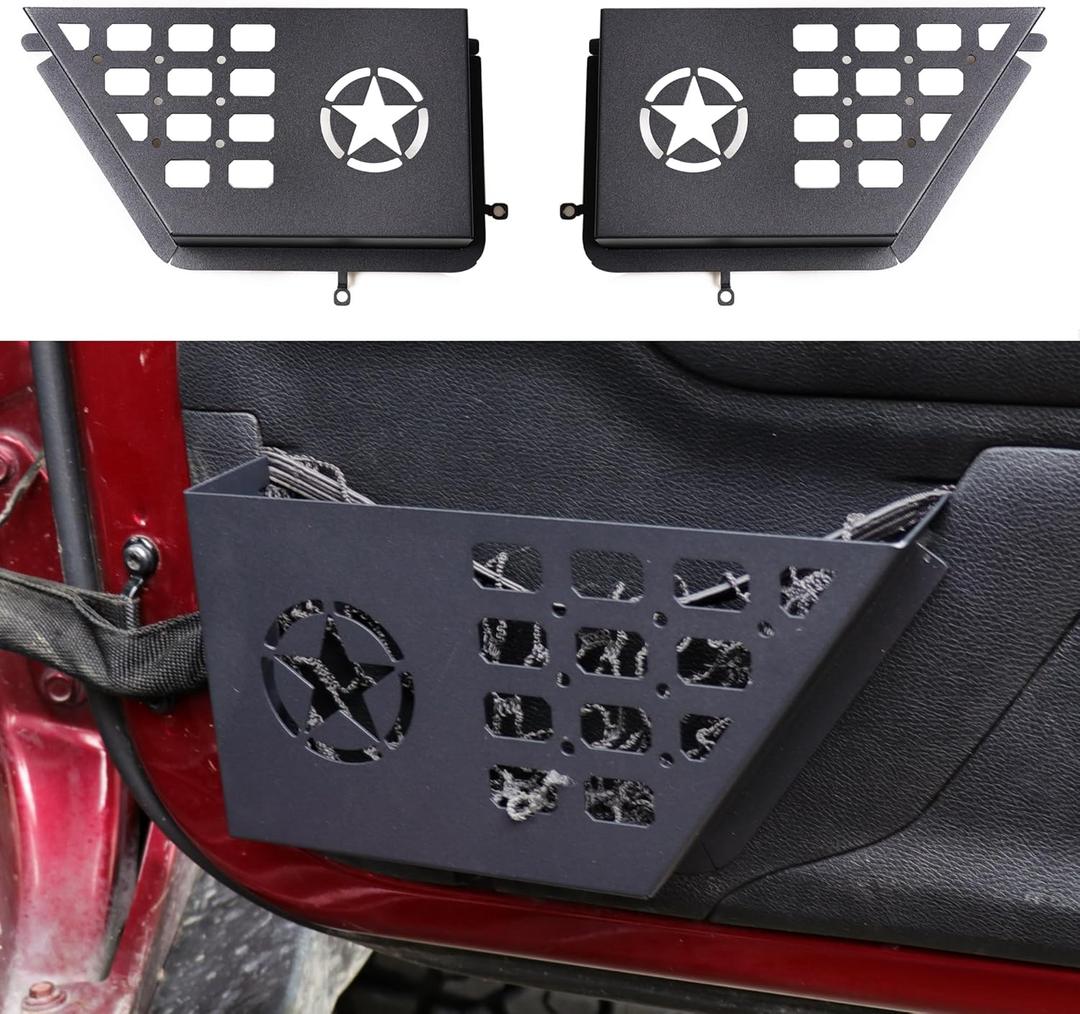 Front Door Storage Pockets Organizer Box for 2011-2018 Jeep Wrangler JK JKU Unlimited 2/4 Door Insert Storage Expansion Interior Accessories 2 Pack Black Metal with Star