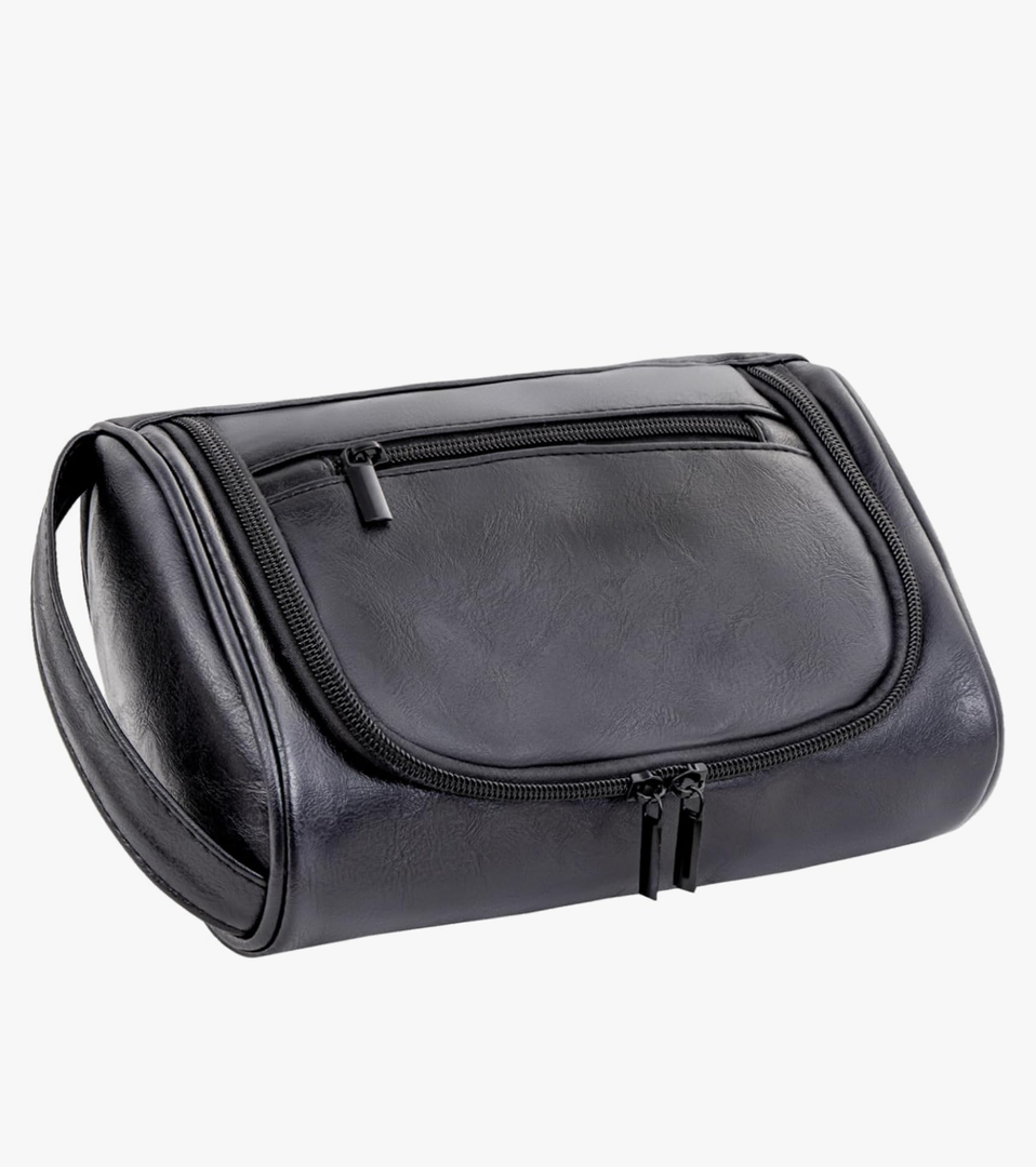 Mens Slim Toiletry Bag, Minimalist PU Leather Dopp Kit for Men, Compact Shaving Kit Organizer, Small Water-Resistant Travel Bag for Grooming Essentials Only, Black