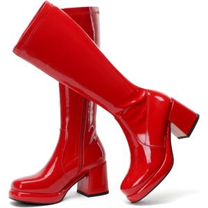 LanreyTaley Elastic Women Knee High Boots Platform Chunky Heel Tall Boots Suede Dress Boots Side Zipper Stretch Boots Fall (7, Patentred)