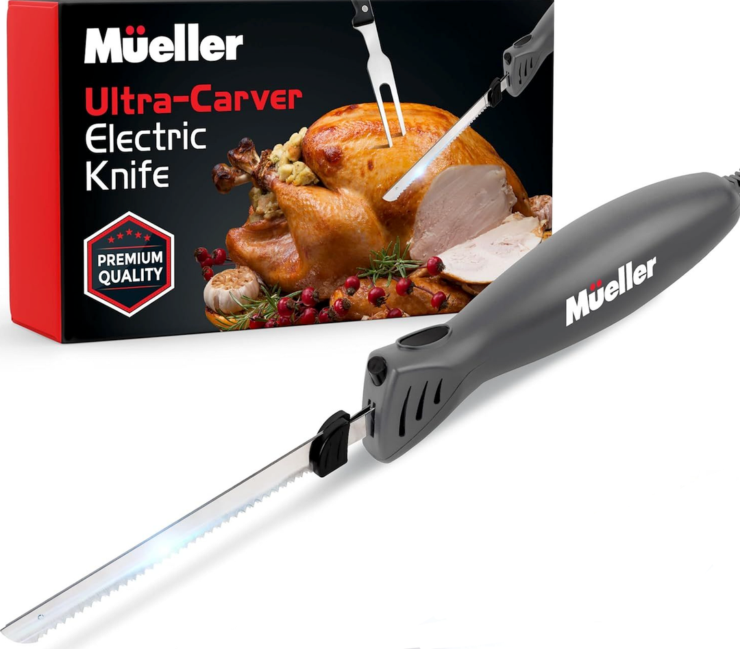 Mueller Ultra-Carver Electric Knife for Meat Slicing, Turkey Carving Knife, Bread Slicer, Crafting Foam, Stainless Steel Blades, Powerful Motor, Ergonomic Handle, Grey