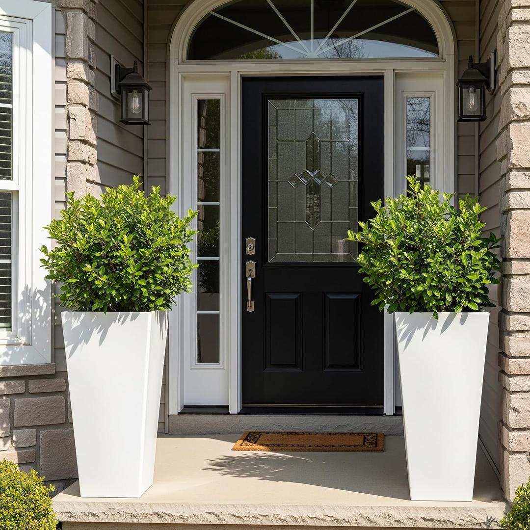 WORTH Garden Large 28 in.Tall Planters Set of 2 for Indoor and Outdoor, Heavy Duty Plastic White Modern Taper Flower Plant Pots with Drainage Hole and Dual-Purpose Tray for Front Porch, Patio