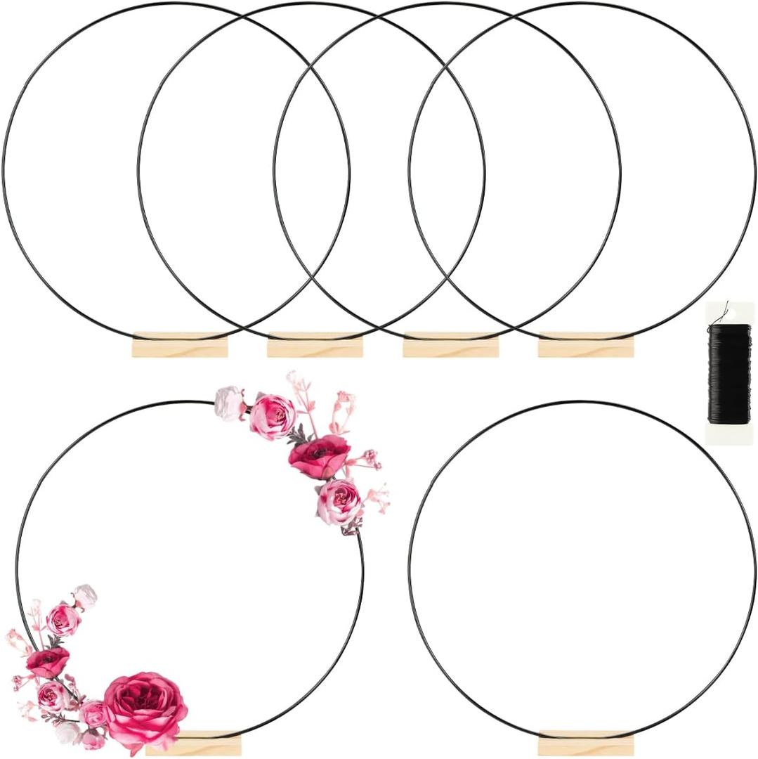 6 Pack Floral Hoop with Stand and 38-Yard Paddle Wire 20 Inch Metal Rings for DIY Centerpiece Table Decorations Crafts Macrame Rings Hoop Wreath Dream Catcher Rings Wedding Christmas Wreaths, Black