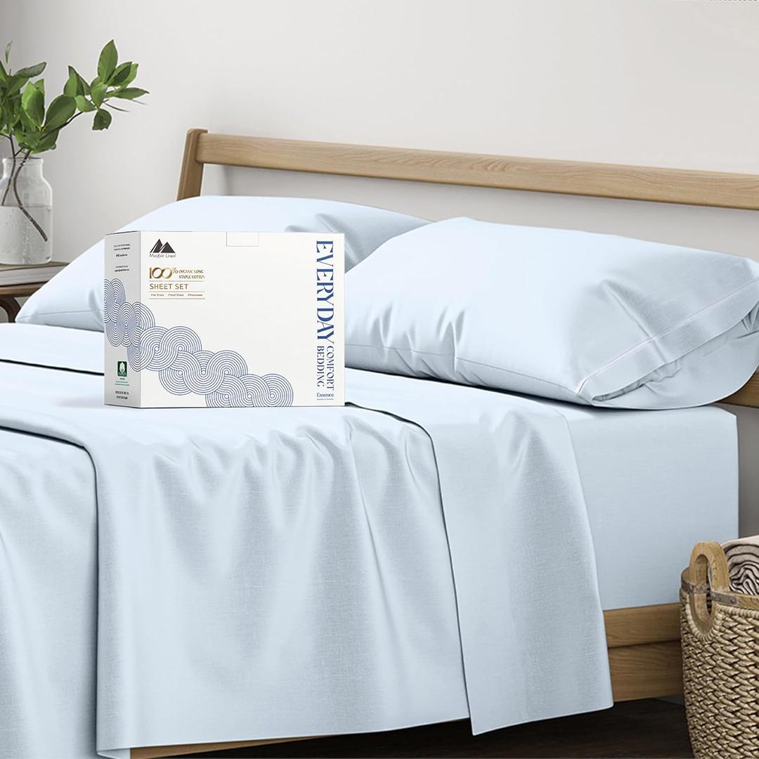 Mayfair Linen 100% Organic Cotton Sheets California King Size - 4 PC Organic Cotton Cal King Size Percale Weave Sheet Set, Soft, Cooling & Crisp, 16" Deep Pocket Hotel Quality Bedding Set - Light Blue