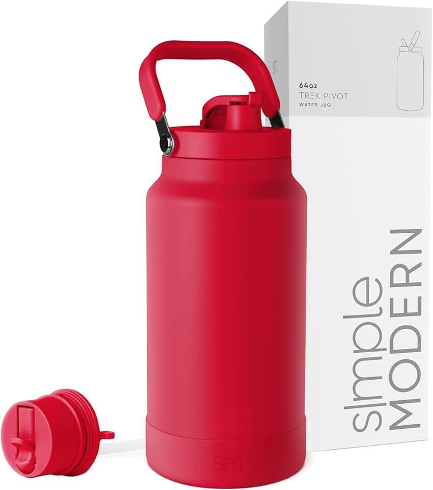 Simple Modern Trek Pivot | Half Gallon Water Bottle Jug with Handle & Boot | Interchangeable Straw & Chug Lids | Large Insulated Stainless Steel | Sports Camping Outdoors | 64oz, Ember Red
