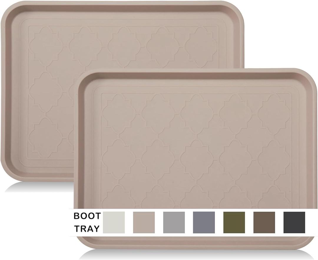 Boot Tray for Entryway Indoor, Heavy Duty Shoe Mat Tray 2 Packs, 16.7"x12.8" Waterproof Mat with Raised Edge, Outdoor Multi-Purpose for Boots, Shoes, Garden, Pets (Tan)