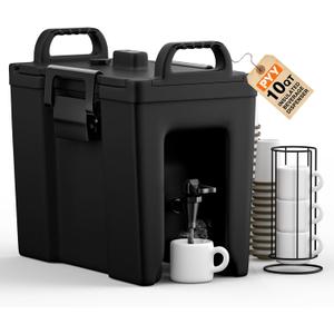 PYY Insulated Beverage Dispenser 2.5 Gallon - Hot and Cold Drink Water Pitcher Coffee Carafe with Spigot Handle and Stand, Commercial Thermal Urn for Chocolate Cocoa Iced Juice Tea Punch Outdoor Party