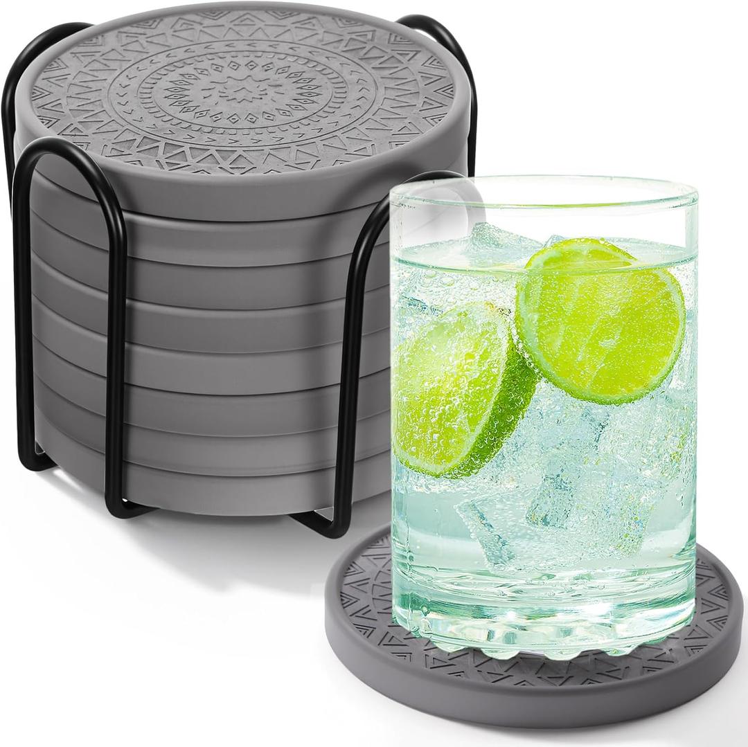 Photect Diatomaceous Earth Coasters Set with Holder Absorbent Stone Drink Coasters Instant Drying Tray for Tabletop Protection Home Decoration Housewarming Gift (Black,8 Pcs)