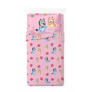 Bluey Balloon Party Kids 3 Piece Pink Bed Sheet Set, Twin