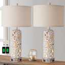 Set of 2 Rustic Farmhouse Table Lamps for Living Room Bedroom, Vintage Bedside Lamp with Dual USB Port, Antique White Resin Retro Nightstand Lamps with Night Light