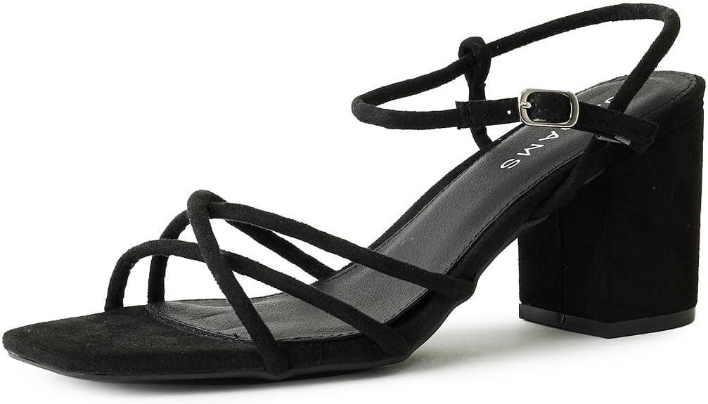 J. Adams Camila Sandals for Women - Square Open Toe Strappy Mid Block Heels (8, Black Vegan Suede)