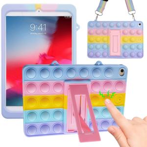 Pop It iPad Mini Case Mini 5/4 Kids Girls, Fidget Toy Poppet Push Bubble Cute Silicone Tablet Case Cover, Stand, Shoulder Strap for iPad Mini 5th / 4th Gen (7.9, 2019/2015) - Rainbow