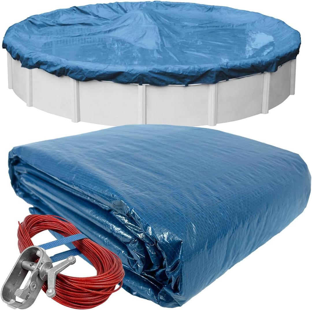 Robelle 28 ft Heavy Duty Blue Winter Pool Cover for Above Ground Pools, 4 ft Overlap (32 ft Cover Size), Solid 8 x 8 Scrim, 2.36 oz/yd2, Style: 3528-4