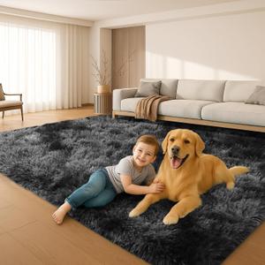 6x9 Rugs for Living Room, Rugs for Bedroom,Plush Fluffy Carpet, Non-Slip Upgrade Dark Grey Rug,Can Also be Used in Home Decor Aesthetics,Kids Rooms and Dorm Rooms. (Black & Gray Tie-dye)
