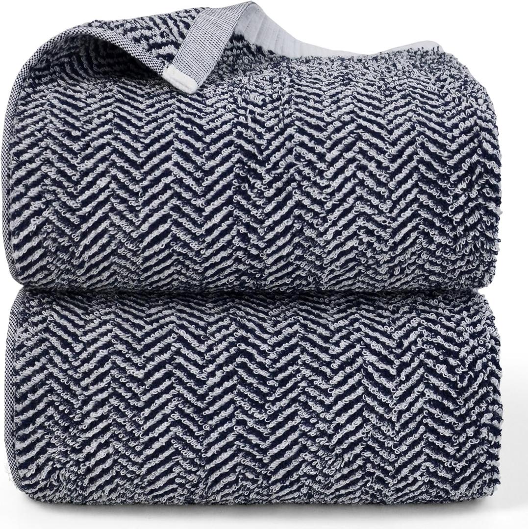Cleanbear Bath Towels, Luxury 100% Cotton Bath Towels Set for Bathroom, 54 x 28 Inches Large Shower Towels with Herringbone Stripes, Navy Blue, 2 Pack