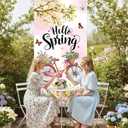 Spring Door Cover Decorative Welcome Spring Door Banner Decorative with Colorful Floral Butterfly and Pink Bicycle for FrontdDoor Decorations Spring Hanging Decor Supplies Outdoor Classroom (Green)
