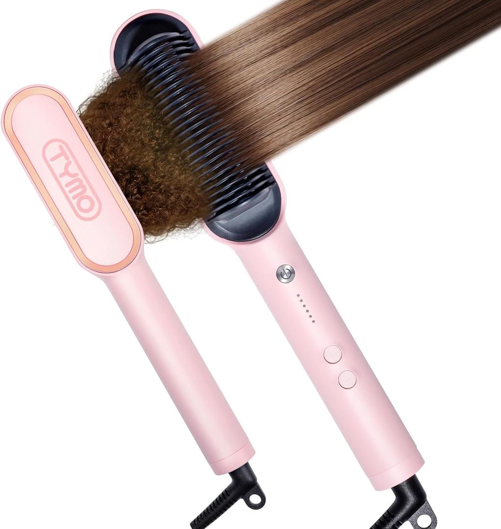 TYMO Ring Hair Straightener Brush  Hair Straightening Iron with Built-in Comb, 20s Fast Heating & 5 Temp Settings & Anti-Scald, Perfect for Professional Salon at Home, Sakura Pink
