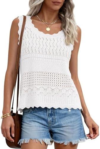 PRETTYGARDEN Womens Crochet Tank Tops 2026 Summer Spring Sleeveless Tops Cute Sweater Vest Trendy Boho Beach Vacation Clothes, Small