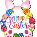 3 x Happy Easter Door Decoration Wooden Bunny Wreath for Front Door Sign Rabbit Egg Wreath Hanging for Home Wall Decor Easter Party Outdoor Indoor Supply