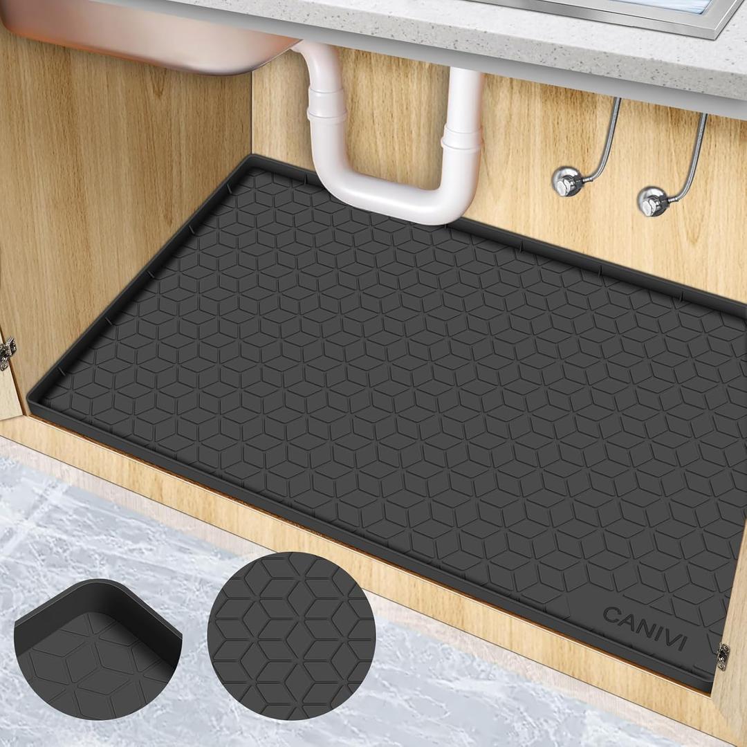 Under Sink Mat, 28" x 22" Waterproof Silicone Under Sink Tray for Kitchen & Laundry Cabinets, Kitchen Cabinet Shelf Protector, Up to 3 Gallons Liquid, Fits 36 inch Standard Cabinet (Black)