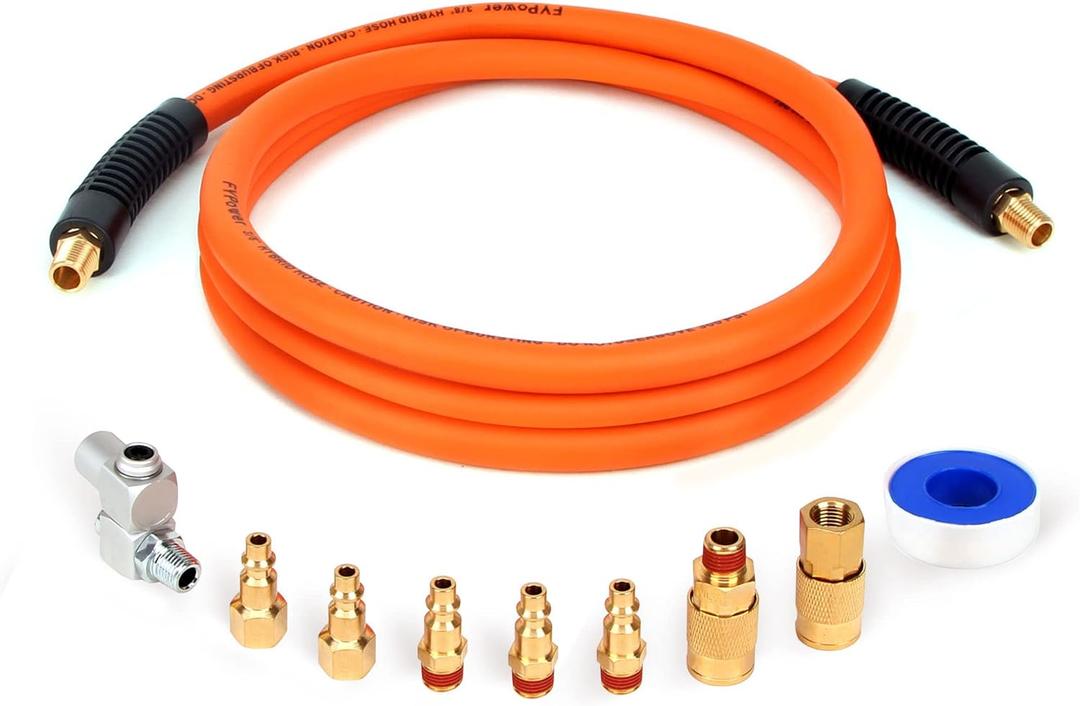 FYPower 3/8 Inch x 10 ft Hybrid Whip Air Compressor Hose Kit, 10 Pieces Lead in Air Hose Accessories kit, 1/4" NPT Air Coupler and Plug, Industrial Solid Brass Quick Connect, 360° Swivel Connector