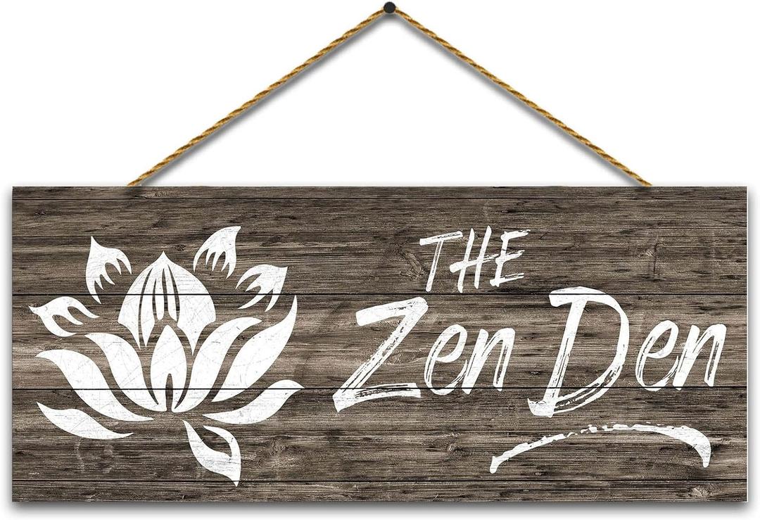 1 KINGO Farmhouse Zen Den Signs: Rustic Zen Den Yoga Studio Room Decoration Canvas Print Lotus Flower Wall Decor - Vintage Decorative Wooden Texture Wall Plaque for Home 6" x 15"