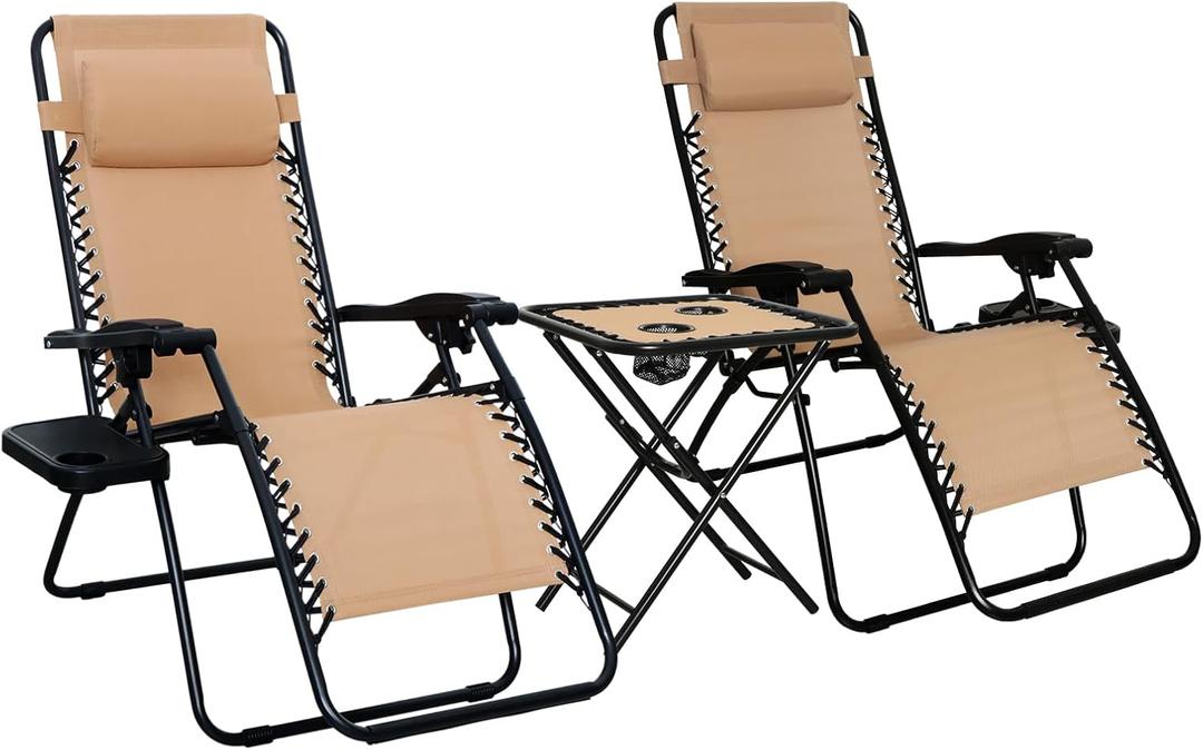 Amazon Basics Outdoor Textilene Adjustable Zero Gravity Folding Reclining Lounge Chair Set with Cup Holder, Side Table, Headrest, Weather-Resistant, 35 x 26 x 43 inches, Beige, 2-Pack, Set of 2