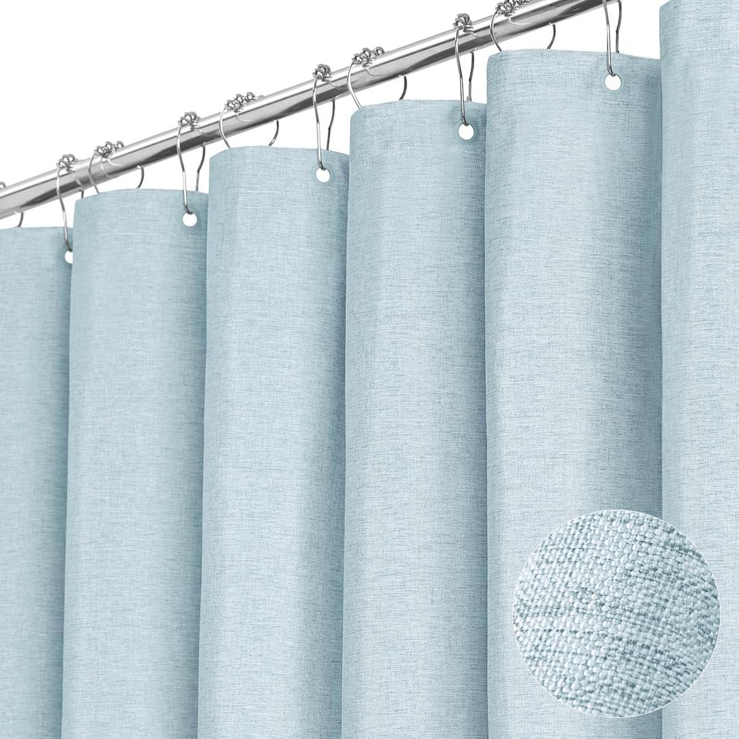 BTTN Fog Blue Shower Curtain - Linen-Look Heavy Duty Waterproof Cloth Shower Curtain Set with 12 Plastic Hooks, Hotel Spa Luxury Simple Decorative Thick Fabric Shower Curtains for Bathroom - 72x72