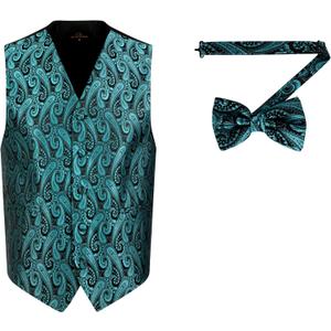 Oliver George 2pc Men's Paisley Formal Suit Vest Waistcoat Tuxedo Dress Vest Bowtie Set for Suit or Tuxedo (XX-Large, Teal Green)