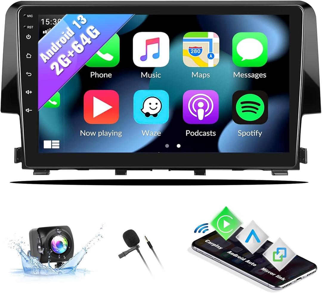 Android 13 Car Stereo Radio for Honda Civic 2016 2017 2018 2019 2020 with Wireless CarPlay Android Auto Mirror Link 2G+64G with Bluetooth FM GPS Navigation WiFi HiFi SWC