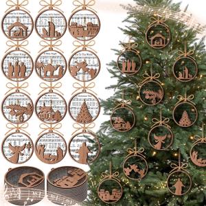 24 Pack Wooden Nativity Scene Ornaments - Christmas Gifts with Religious Catholic Themes, Jesus Ornaments for Tree