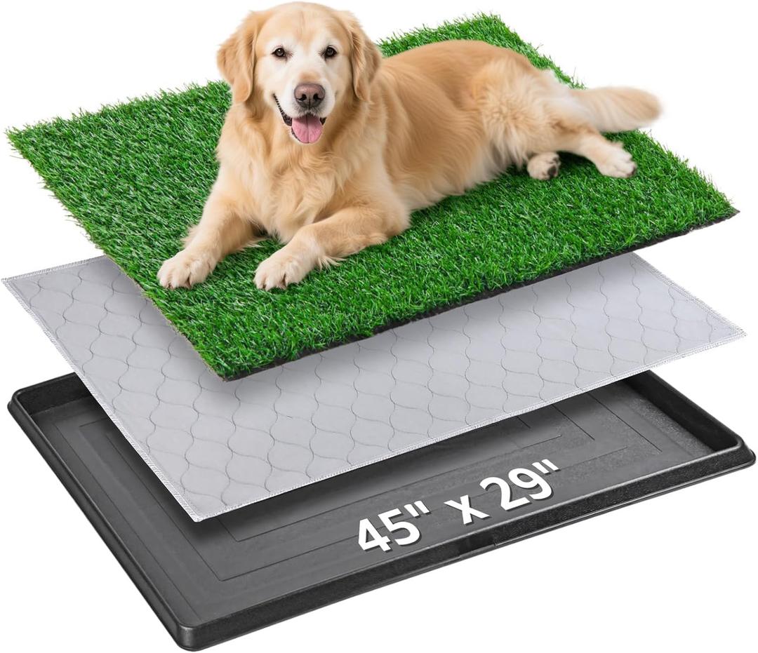 Dog Grass Pad with Tray, 4529 Large Dog Litter Boxes with Artificial Grass, Reusable Washable Pee Pads for Dogs, Indoor Outdoor Pet Toilet Puppy Training Potty for Balcony (45"x29"3 Layer Potty System))