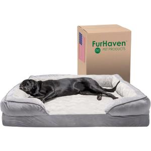Furhaven Cooling Gel Dog Bed for Large Dogs w/ Removable Bolsters & Washable Cover, For Dogs Up to 125 lbs - Plush & Velvet Waves Perfect Comfort Sofa - Granite Gray, Jumbo Plus/XXL (53.0"L x 40.0"W x 10.5"Th)