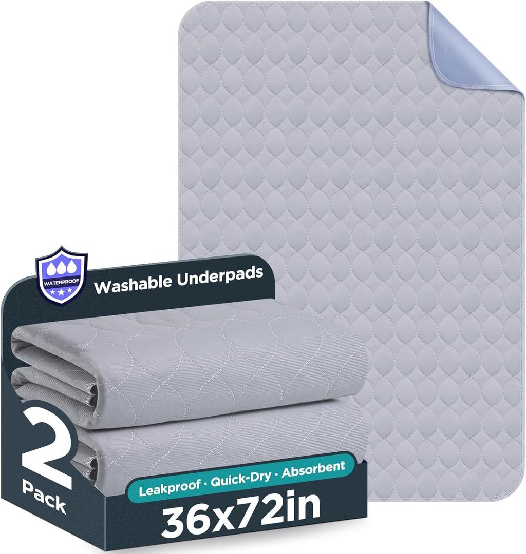 Washable Bed Pads 36" x 72" - 2 Pack, Grey, Waterproof Bed Pads for Incontinence, Bed Wetting Pads for Bed, Sofa, Floor, Reusable Underpads for Adults, Seniors, Pet (Gray)