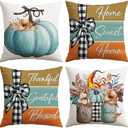 Pack Of 2 Artscope Fall Decorative Throw Pillow Covers 20x20 Inch Set of 4 Fall Gifts for Home Decor, Autumn Pumpkin Sweet Home Thankful Grateful Blessed Outdoor Farmhouse Pillow Cases for Sofa Couch-Blue