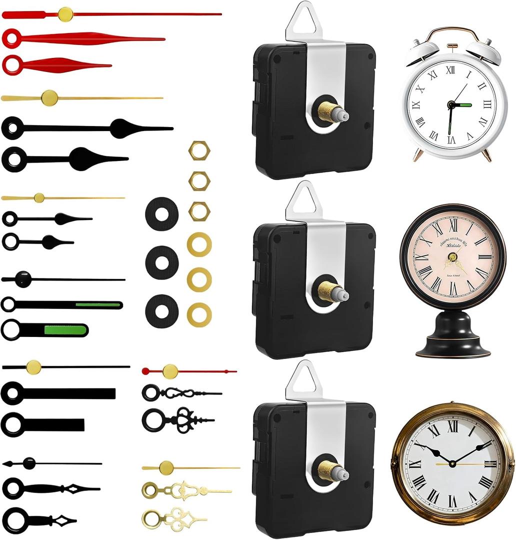 3PCS Clock Mechanism Replacement Kit, Quartz Clock Movement with 8 Pairs Clock Hands, Battery Operated Clock Motor Mechanism for DIY Repair Parts (Total Shaft Length 16/20/23mm)