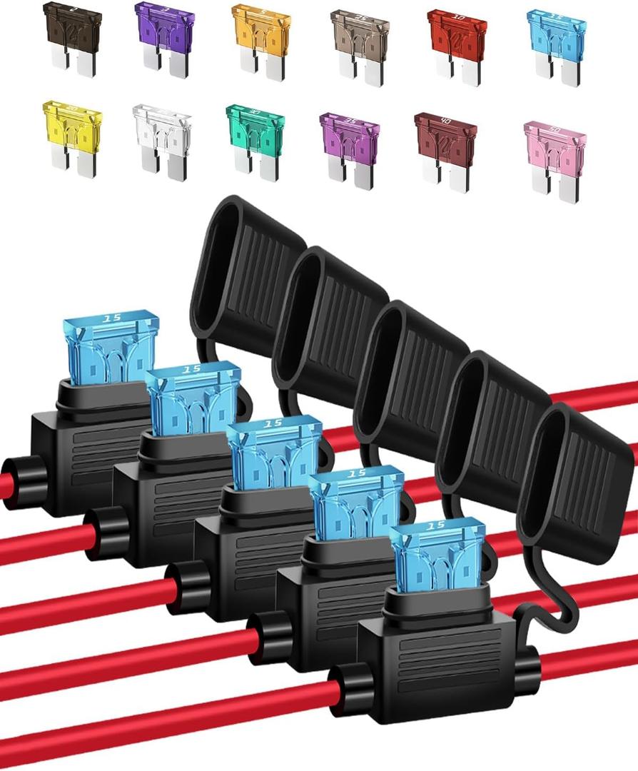5 Pack 12 AWG Inline Fuse Holder - Automotive Replacement Fuse Holder with 60 Pcs (2A, 3A, 5A, 7.5A, 10A, 15A, 20A, 25A, 30A, 35A, 40A, 50A) ATC/ATO Standard Blade Fuses