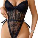 Avidlove Women Teddy Lingerie Deep V Lace Bodysuit Lingerie One Piece Mini Babydoll Satiny Side Bow (Large, Black)