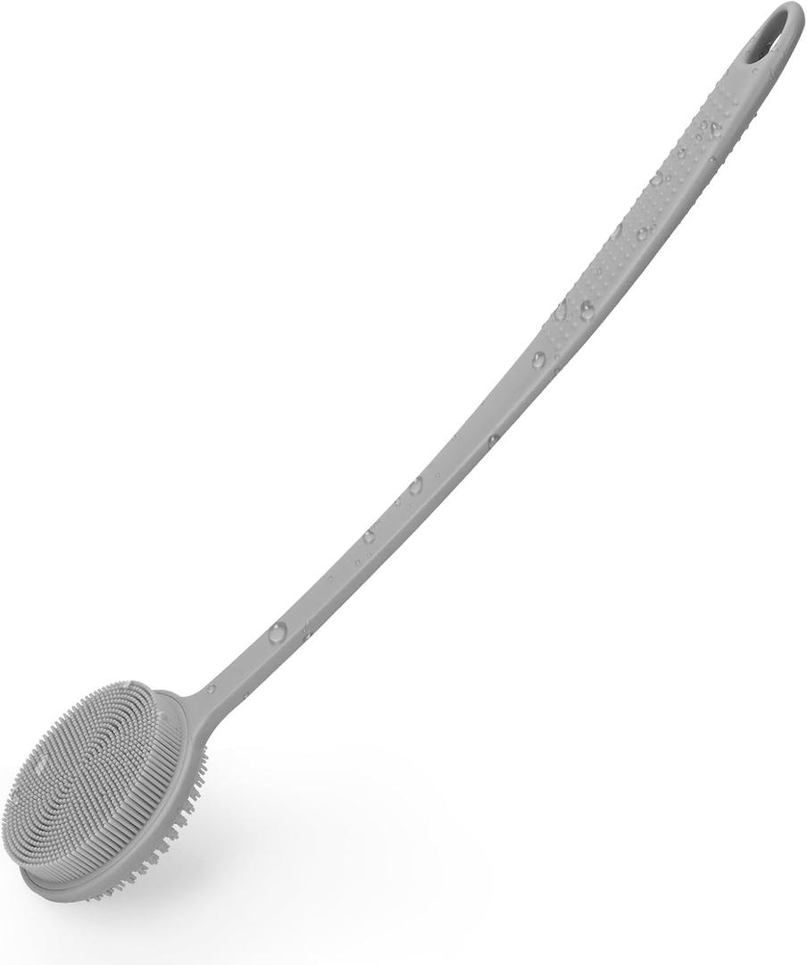 Silicone Back Scrubber for Shower, 17in Lengthen Long Handle Body Brush, Double Sided Shower Brush for Shower Exfoliating and Massage Can Produce Rich Foam, Long Handle Back Scrubber for Men (Gray)