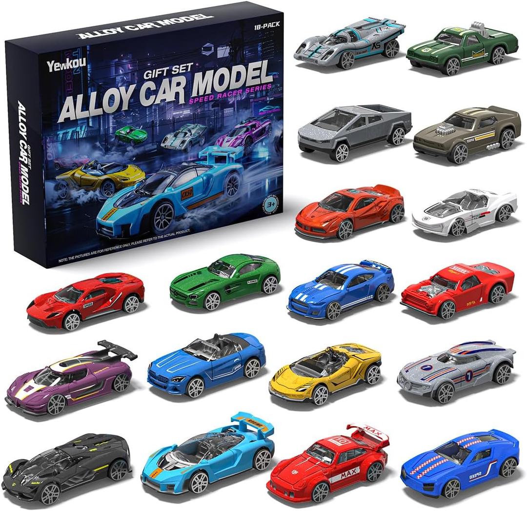 Toys Cars 18-Pack, 1:64 Scale Die-Cast Metal Vehicles Set, Includes Pickup, Racing Cars,Sports Cars for Display or Play, Great Gift for Kids Age 3 Years and Up (18 Pack)