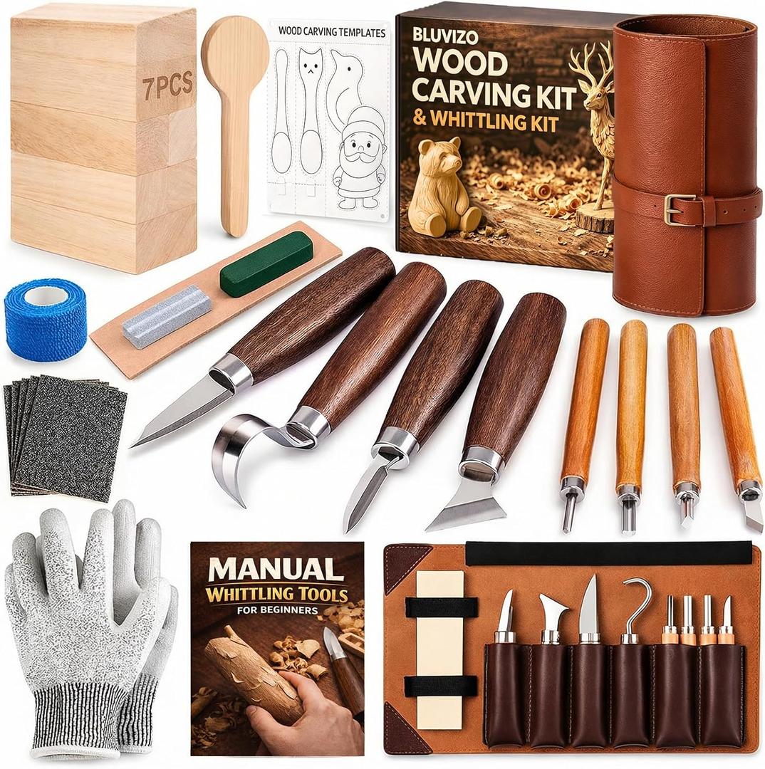 Wood Carving Kit Whittling Kit: Deluxe Wood Carving Tools Knife Set with Leather Case - Woodworking Hobby Kit for Beginners Adults Kids - DIY Art Craft Gift for Men Teens