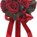 Wedding Bouquet Bride Flower Bridal Bouquets, Ribbon Artificial Rose Wedding Bouquets for Bride Bridesmaid Bouquet Dark Red Rose Bouquet Bride Bridesmaid Holding Flower for Wedding Decor (Burgundy)