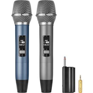 Rechargeable UHF Wireless Microphones, Two Metal Handheld Microphones with 1/4" Receiver, Plug-and-Play for Speaker & PA System, Karaoke Singsing, Lecture, Stage Performance (Blue&Grey)