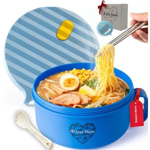 AI LOVE PEACE Ramen Bowl, 40 oz Microwaveable Noodle Cooker for Ramen, Pho, Soup, and Pasta, Dishwasher Safe and Portable, Ideal for Home, Office, Dorm, or Gift (Blue)