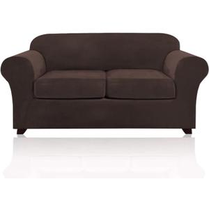 PrinceDeco Velvet Couch Cover Loveseat Covers for 2 Cushion Couch 3 Piece Sofa Covers for Dogs Washable Loveseat Covers Width Up to 72 Inch No Slip Stretch Sofa Slipcover (Medium, Brown)