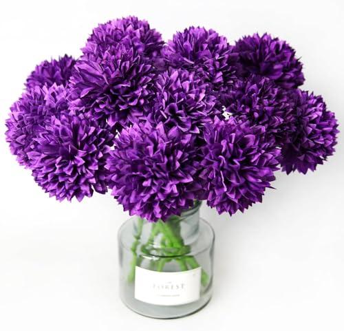 Tinsow 10Pcs Artificial Flowers Purple Faux Ball Chrysanthemum Bouquet Flowers Wedding Bouquet for Home Garden Party Wedding Decoration