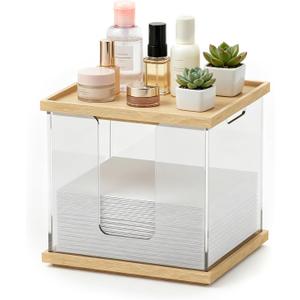 Disposable Face Towel Holder Box, Acrylic Facial Container for XL Clean Skin Club Towels, Large Face Storage with Wood Base and Wood Lid for Bathroom Vanity Countertop, Clear