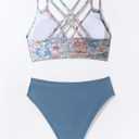 Fanuerg Women's Sexy V Neck Bikini Sets Hollow Out Two Piece Swimsuits Cutout Mid Waist Bathing Suit (Floral Grey Blue, M)