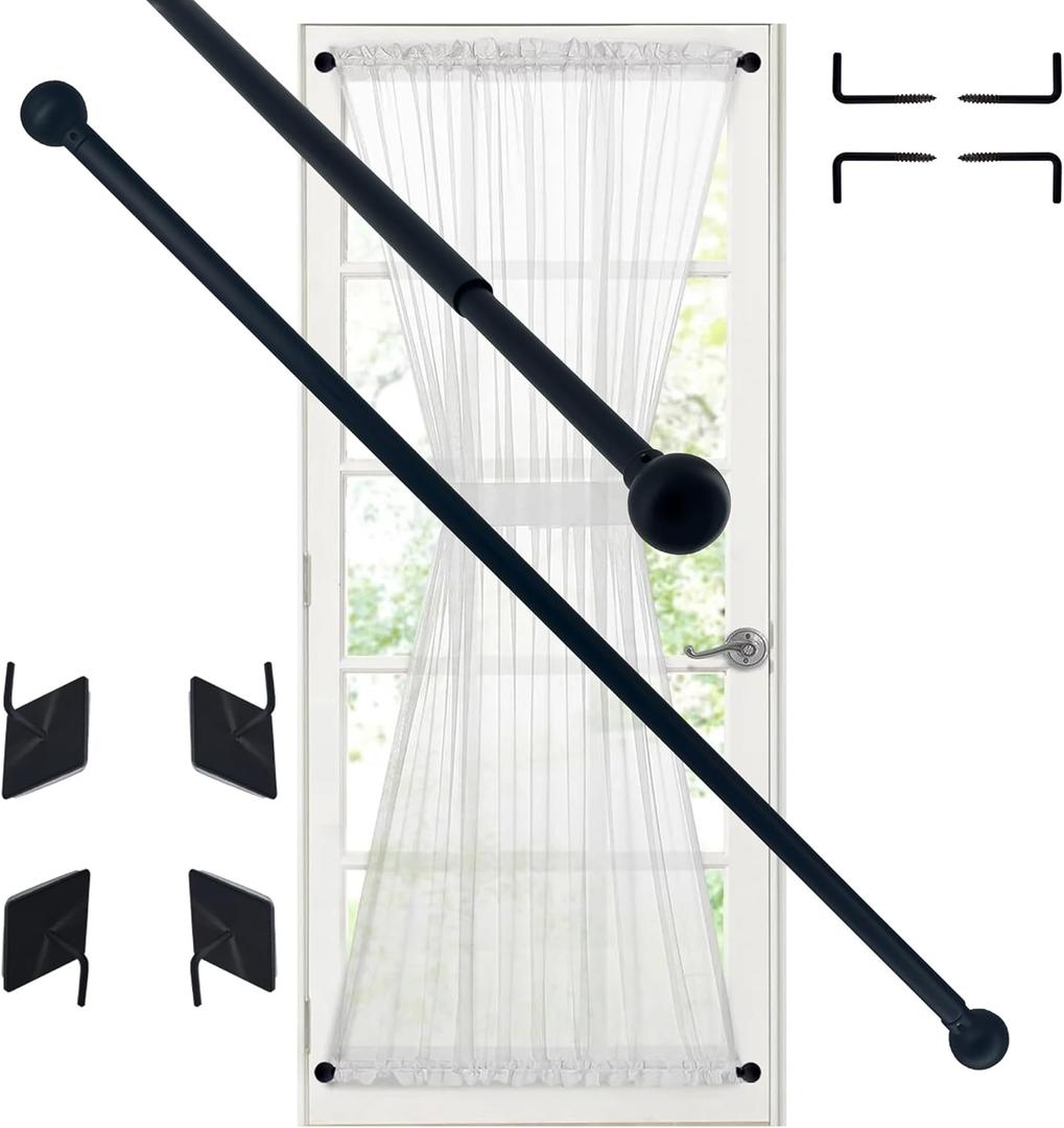 Sash Curtain Rod for French Doors, Kitchen Curtain & Small Window, 3/8 Inch Diameter, Adjustable 16-28", 2 Pack, Black