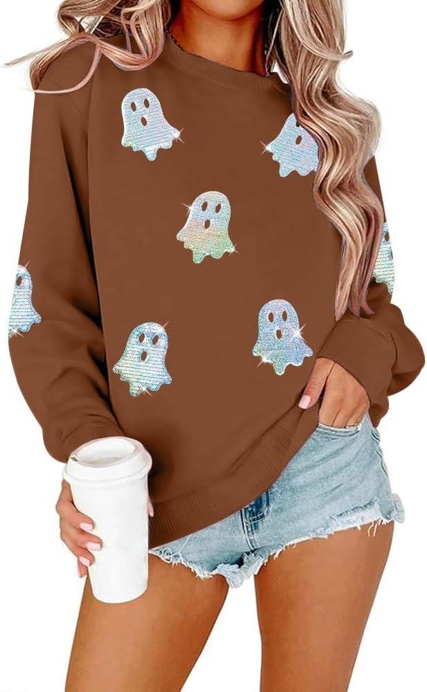 MYHALF Halloween Sweatshirts Women Colorful Sequin Ghost Graphic Pullover Shirt Halloween Witch Crewneck Sweater (Small, Brown)